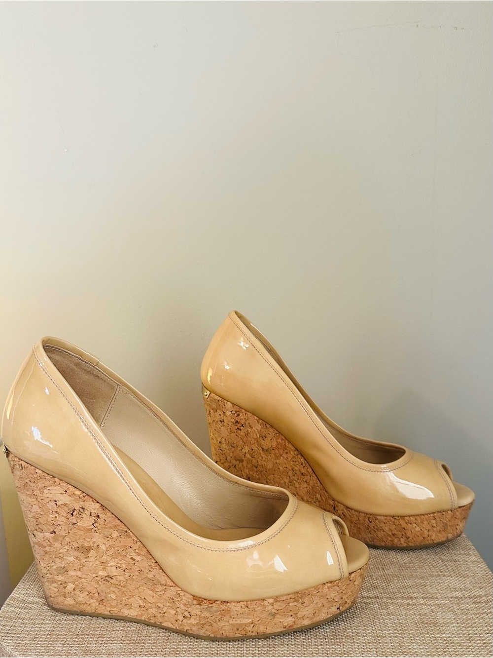 Jimmy Choo Nude Patent Leather Papina Cork Wedge Peep-Toe Pumps - 7/37